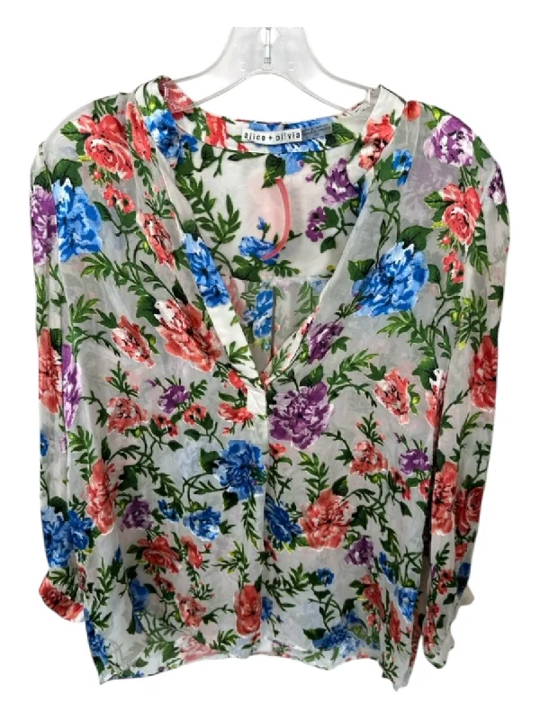 Alice & Olivia Size L White & Multi Viscose Blend Botanical Long Sleeve Top Cool Women's Skate