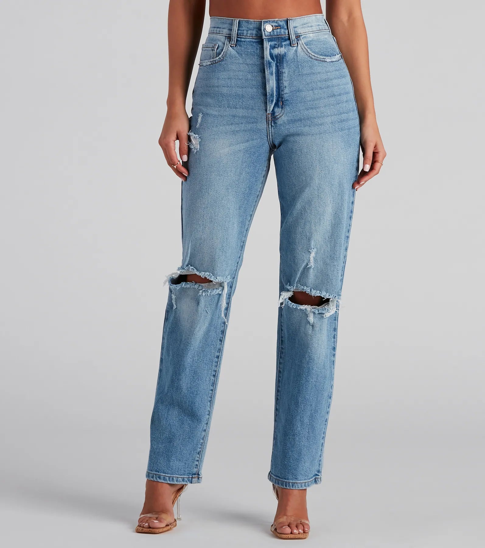 High-Rise Distressed Boyfriend Jeans Laid - back Women's Style
