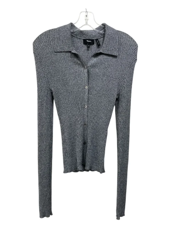 Theory Size M Gray & Black Cotton Blend Heathered Button Up Long Sleeve Top Feminine Women's Style 