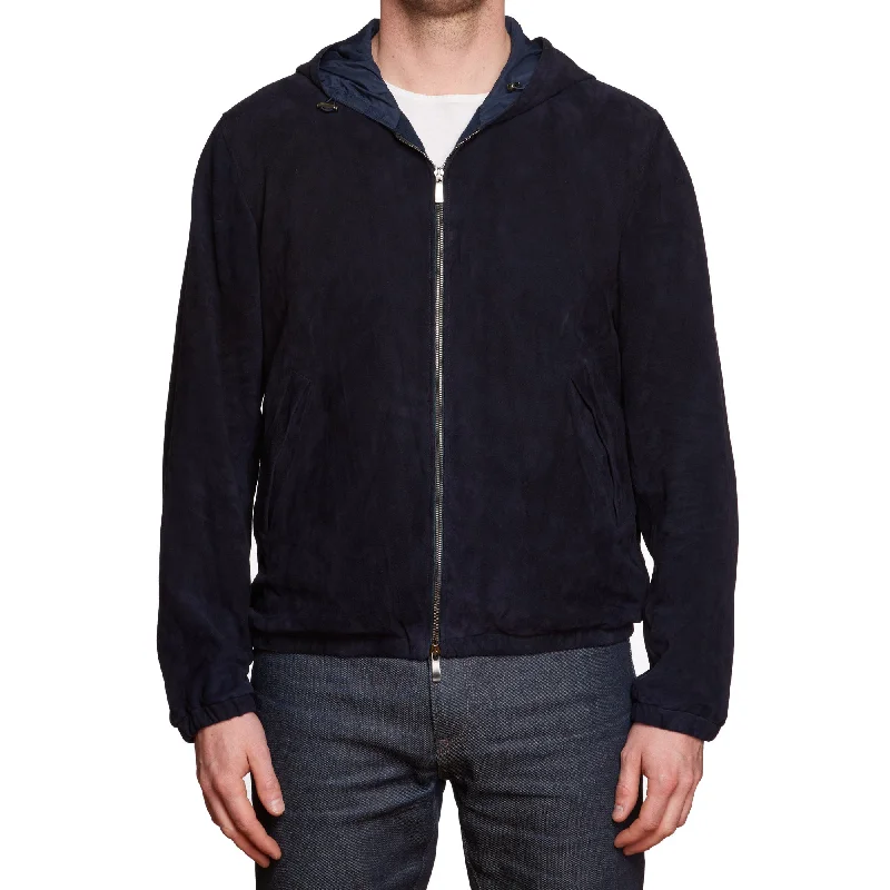 MALO Blue Suede Leather Hooded Indigo Jacket Blouson EU 50 NEW US M Gym