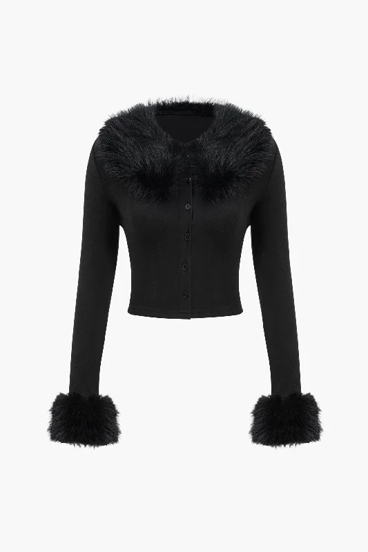 Faux Fur Collar Button Long-Sleeve Top Tough Women's Military - inspired