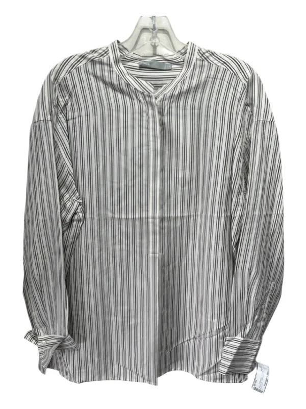 Vince Size M Cream, Gray & Brown Silk Vertical Pinstripe Half Button Top Monochromatic Office Style