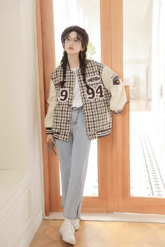 1994 Tweed Plaid Baseball Jacket (2 Colors) Sleek Women's 