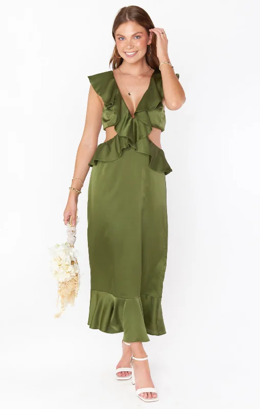 Zoey Midi Dress ~ Rich Olive Luxe Satin Confident Women's Power