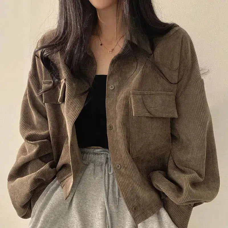 Light Academia Cropped Corduroy Jacket Confident Women's Power