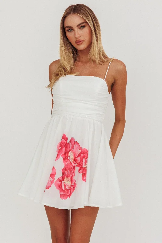 Festivity Flared Bow Floral Mini Dress White Edgy Women's Punk