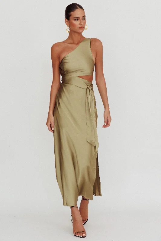 Abloom One Shoulder Satin Maxi Dress Khaki Laid - back Women's Style