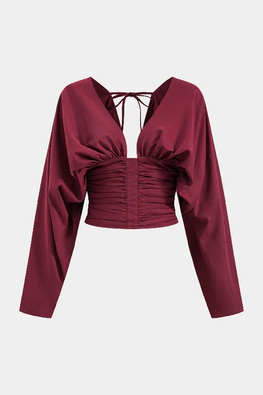 Ruched Backless Tie Back Long-Sleeve Shirt Classic Women's Pin - striped
