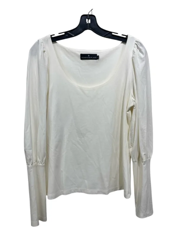 Pomander Place Size L Ivory White Rayon & Nylon Blend Scoop Neck Long Sleeve Top Stylish Women's Tropical 