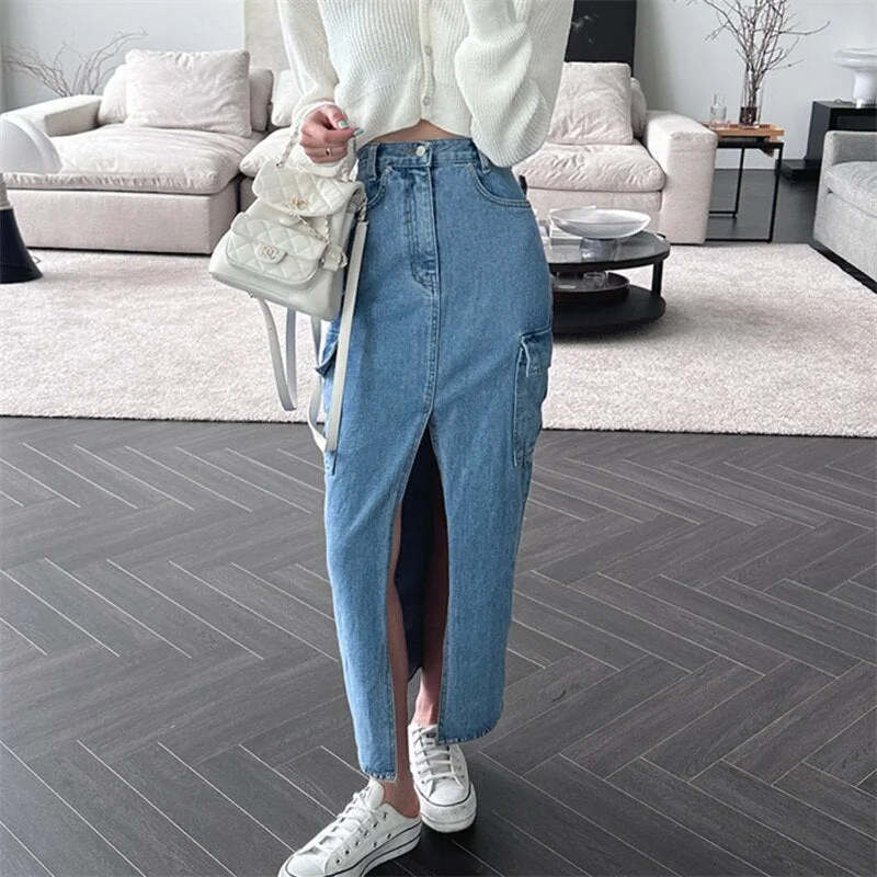 KittenAlarm - Cargo Jeans Skirt for Women High Waisted Side Pockets Split Fashion Midi Skirt Vintage Casual Streetwear Y2k Skirts Athletic Women's High - KittenAlarm - Cargo Jeans Skirt for Women High Waisted Side Pockets Split Fashion Midi Skirt Vintage Casual Streetwear Y2k Skirts Athletic Women's High -