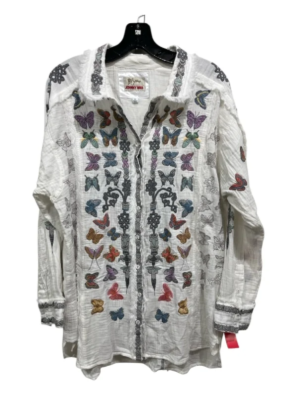 Biya Johnny Was Size XL White & Multi Cotton Long Sleeve Butterflies Frayed Top Practical Women's Quick - dry