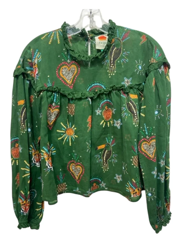 Farm Rio Size S Green & Orange Cotton Ruffle Detail Long Sleeve Back Keyhole Top Relaxed Women's 