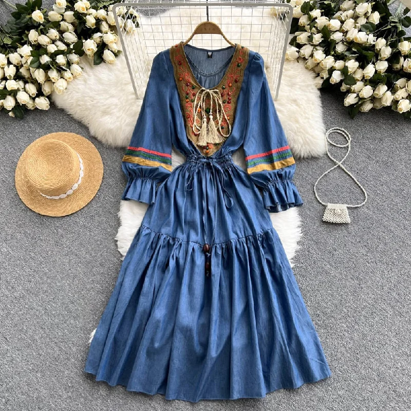 KittenAlarm - Quality Embroidered Denim Dress 2024 Summer Autumn National Korean Pleated A Line Long Sleeve Cowboy Dress Women Jeans Dress Rugged Women's Outdoor 