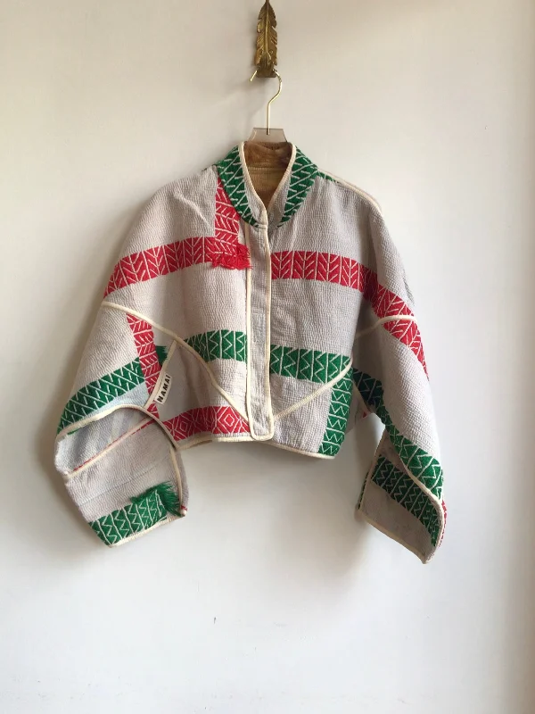 Reversible Kaira Quilted Cropped Jacket in Colors Grey, Red, Green & Mustard, Red, Green Disco