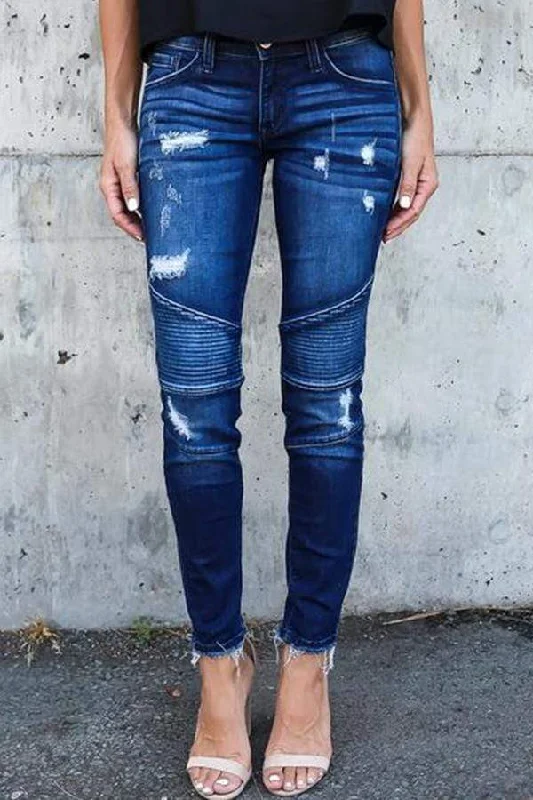KittenAlarm - Regular Waist Solid Color Skinny Fit Hole Jeans Relaxed Women's 
