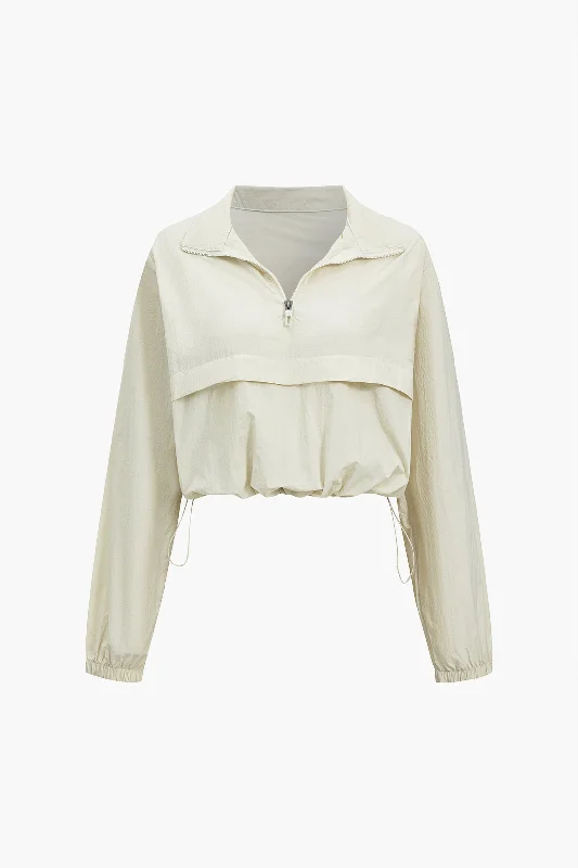 Solid Zipper Stand Collar Sports Long-Sleeve Top Earthy Women's 