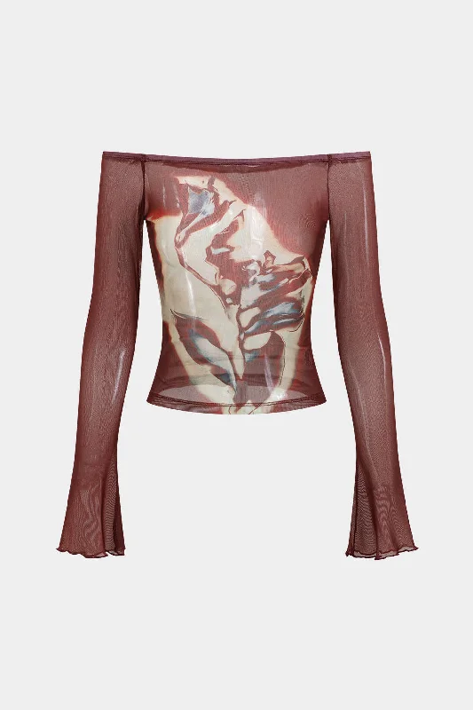 Floral Print Mesh Off-Shoulder Long Sleeve Top Rugged Women's Outdoor 