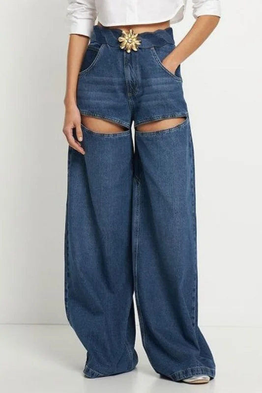 KittenAlarm - Casual Patchwork Metal Accessories Decoration Contrast High Waist Regular Denim Jeans Athletic Women's KittenAlarm - Casual Patchwork Metal Accessories Decoration Contrast High Waist Regular Denim Jeans Athletic Women's