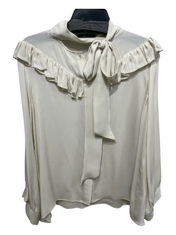 Nili Lotan Size XS Cream Silk Button Up Ruffle Neckline Tie Neck Long Sleeve Top British Gentlewoman Style