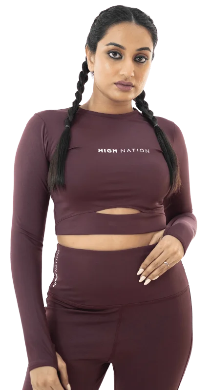 Wine Red Thumbhole Crop Top Youthful Women's Pop