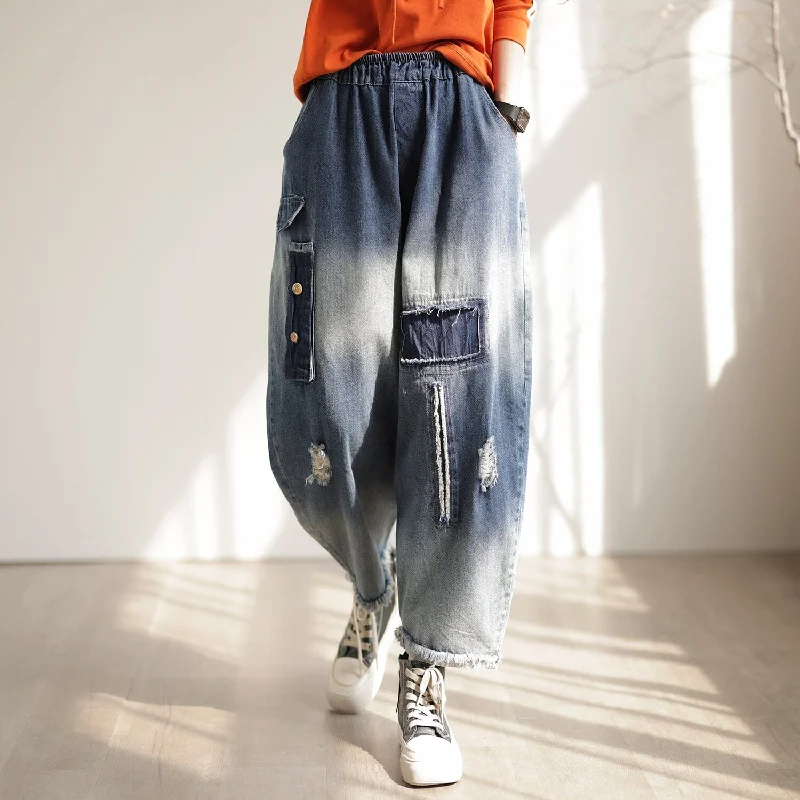 Women Spring Casual Ripped Patchwork Jeans Monochromatic Office Style