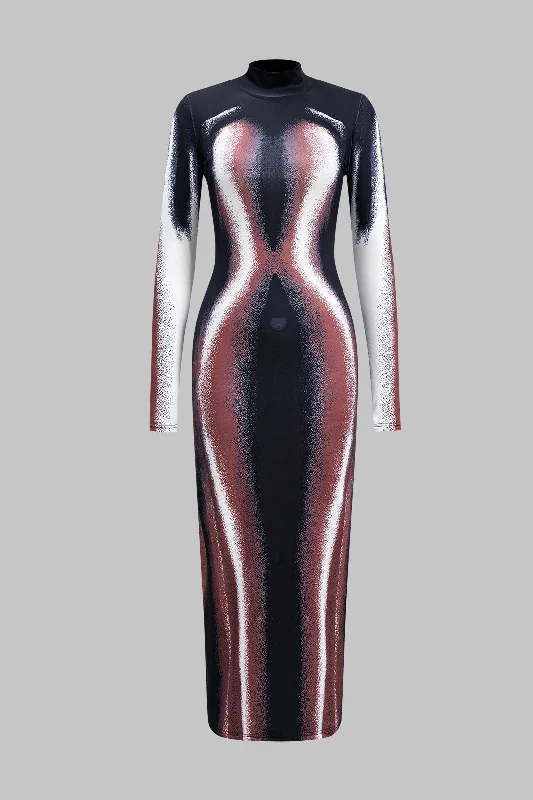 Abstract Print Long Sleeve Maxi Dress Sporty Women's Athleisure 