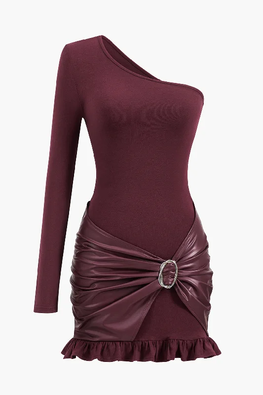 Faux Leather Patchwork Asymmetrical Long Sleeve Mini Dress Sporty Women's Athleisure 