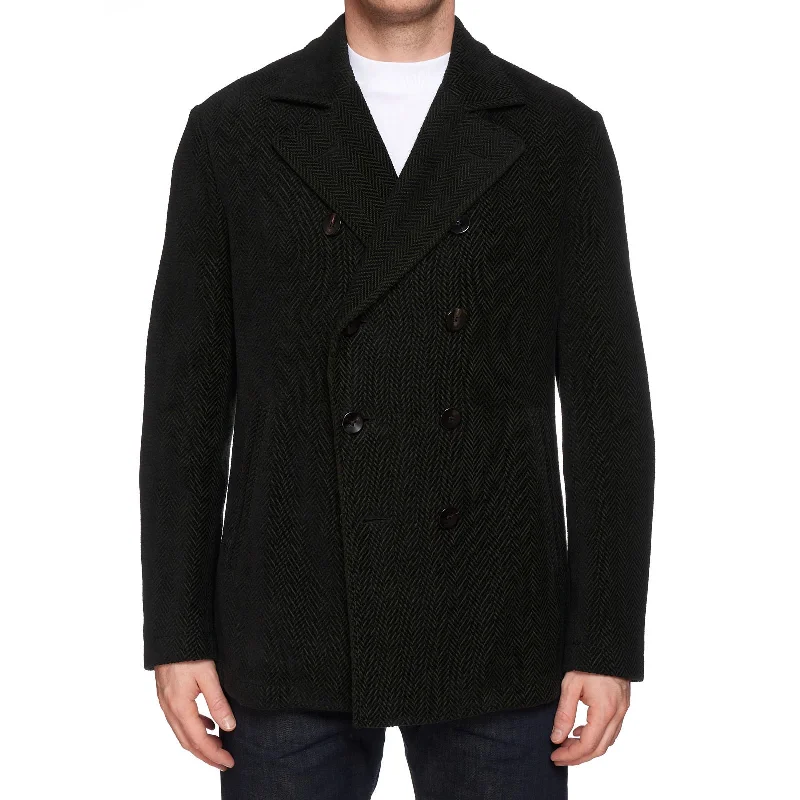 BOGLIOLI "Wear" Green Herringbone Cotton-Cashmere-Wool Unlined Pea Coat 50 NEW 40 Dapper Women's Bow - adorned