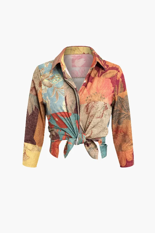 Retro Print Long-Sleeve Shirt Artistic Women's Hand - painted