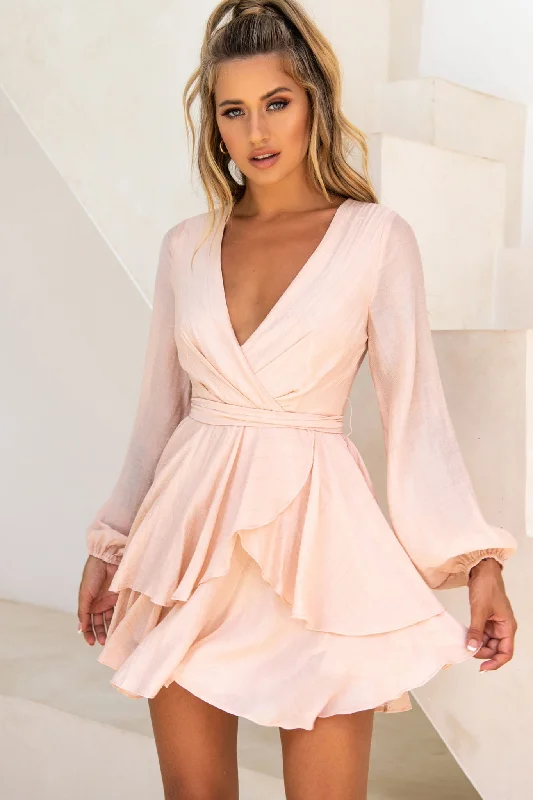 Believe Me Long Sleeve Surplice Neckline Dress Beige Luxurious Women's High -  end