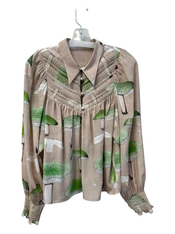 Love Binetti Size M Tan, Beige & Gray Silk Mushroom Collared Stretch Top Unique Women's Upcycled Love Binetti Size M Tan, Beige & Gray Silk Mushroom Collared Stretch Top Unique Women's Upcycled