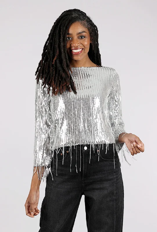 Sequin Fringe Top, Silver Traditional Women's 