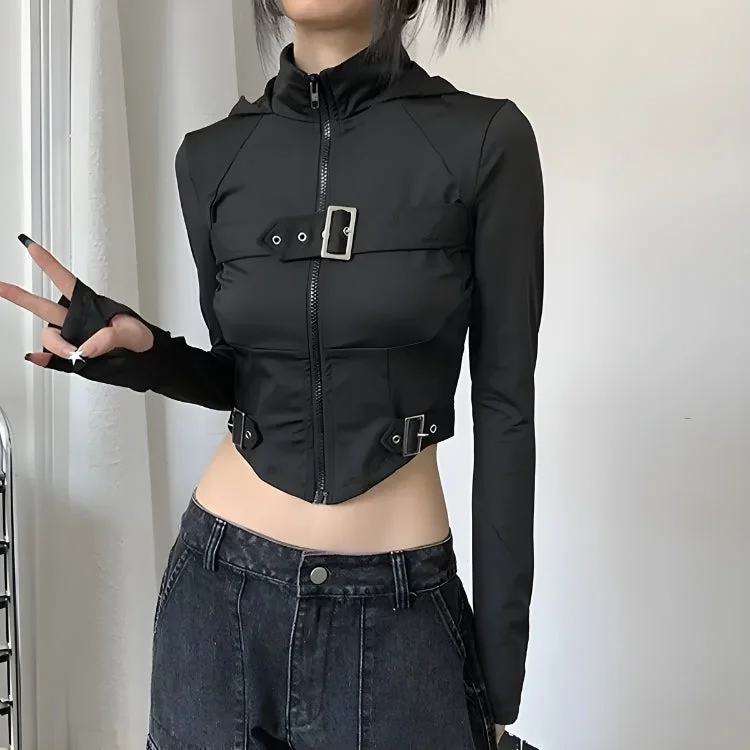 Cyberpunk Belted Zip-Up Crop Jacket Vacation