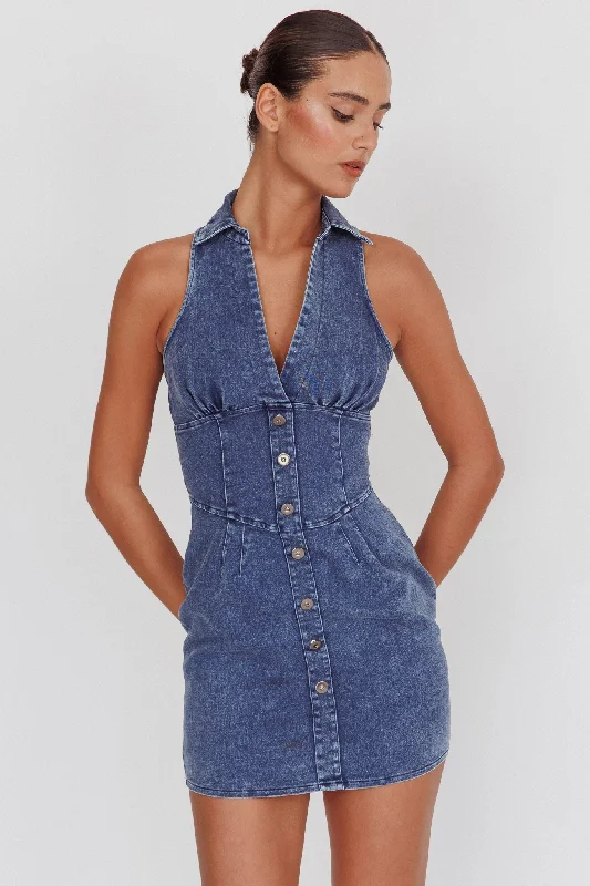 South Beach Faux Button Collared Dress Dark Denim Bold Women's Statement