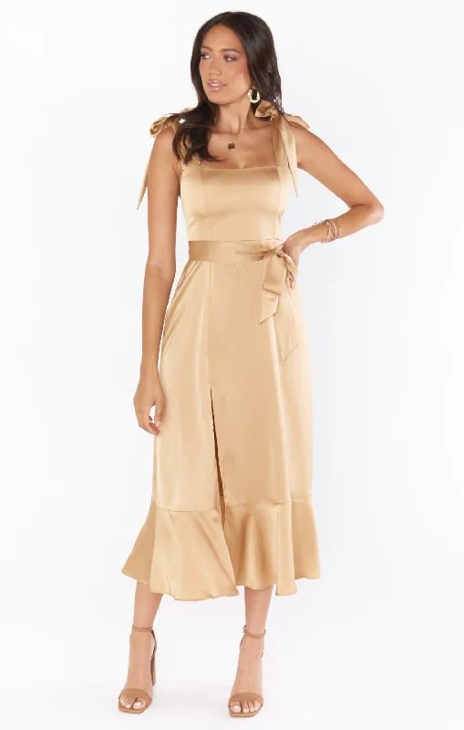 Claire Midi Dress ~ True Gold Luxe Satin Refined Women's Classic 