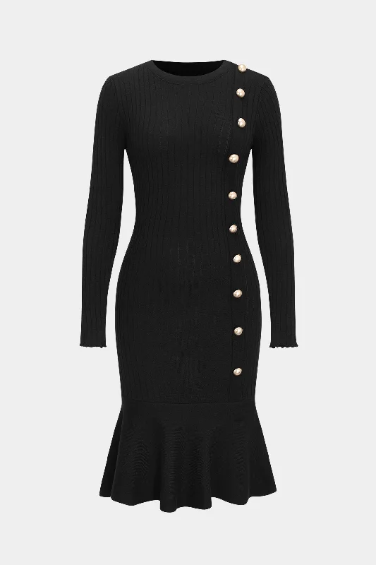 Knit Button Round Neck Long Sleeve Dress Compression