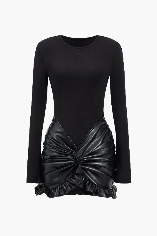 Faux Leather Patchwork Ruffle Ruched Long Sleeve Mini Dress Refined Women's Classic 