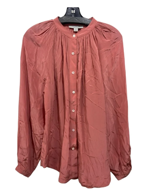 All Saints Size 4 Coral Pink Viscose Crinkle Long Sleeve Button Up Top Bohemian Women's Free