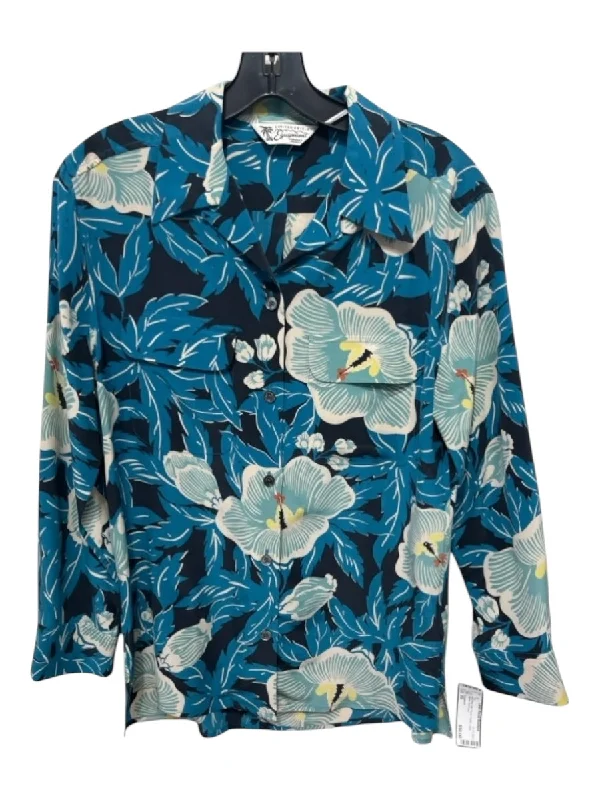 Equipment Size XS Blue Print Silk Floral Collar Long Sleeve Top Dynamic Women's High - energy