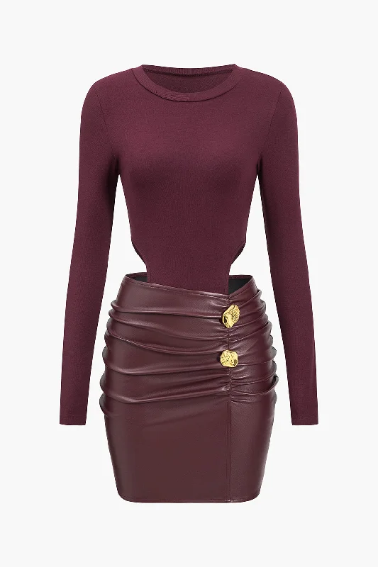 Faux Leather Patchwork Round Neck Ruched Metallic Long Sleeve Mini Dress French