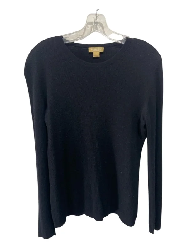 Michael Kors Collection Size L Black Cashmere Scoop Neck Long Sleeve Ribbed Top Trendy Women's 
