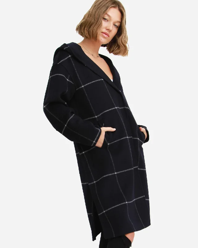 Walk This Way Wool Blend Oversized Coat  - Navy Plaid Sophisticated Women's 