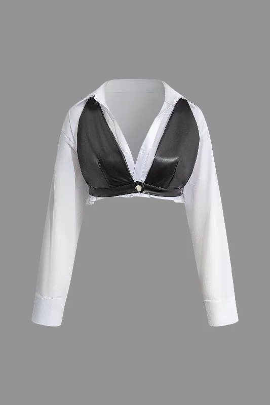 Solid Pu Patchwork Color Block Long-Sleeve Shirt Sporty Women's Tennis