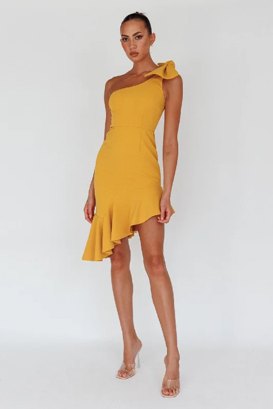 Tiffany One-Shoulder Bow Dress Mustard Youthful Women's Pop