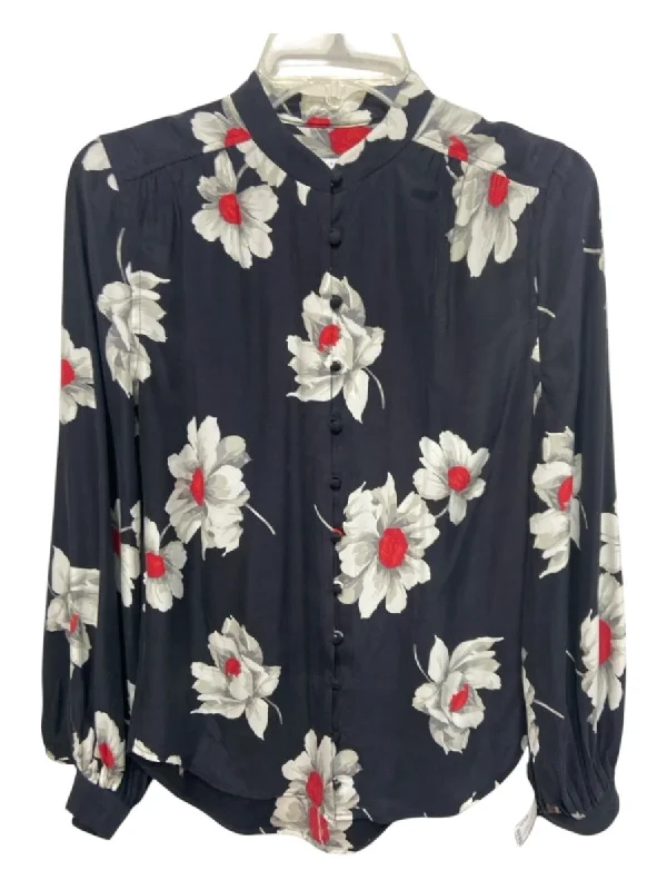 Equipment Size XS Black, Red & White Silk Floral Button Up Long Sleeve Top Women