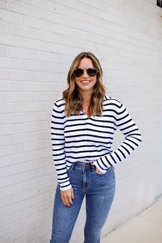 Self Improvement V-Neck Striped Sweater Laid - back Women's Vibe