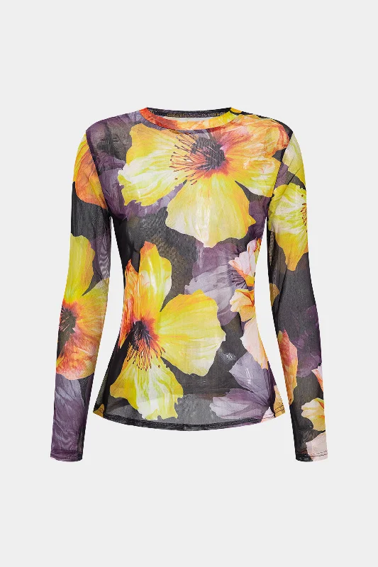 Floral Print Mesh Round Neck Long-Sleeve Top Sleek Women's 