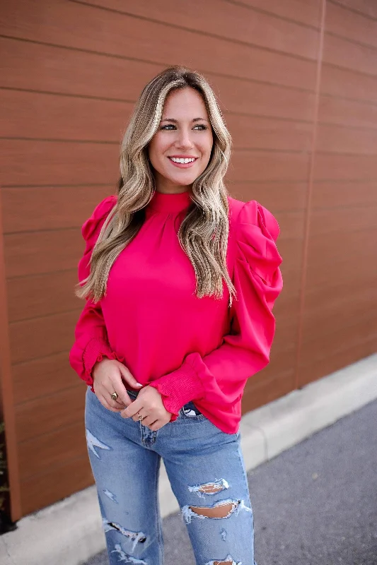 Comes from the Heart Mock Neck Blouse - Fuchsia Streetwear Style for 