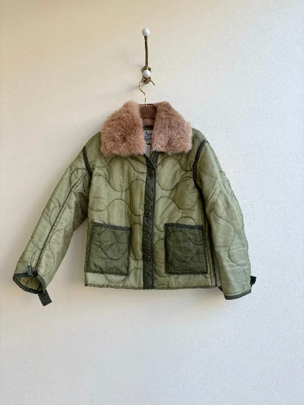 Two Tone Olive Green Army Liner Quilted Coat w/ Caramel Alpaca Fur Collar (Reworked) Dynamic Women's Moto Two Tone Olive Green Army Liner Quilted Coat w/ Caramel Alpaca Fur Collar (Reworked) Dynamic Women's Moto