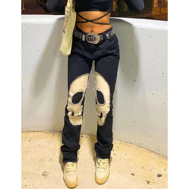 KittenAlarm - Womens Fashion Skull Patterned Low Rise Jeans Streetwear Women Clothing Black Denim Trousers Cyber Y2k Aesthetic Goth Pants C82-DI53 Scandinavian
